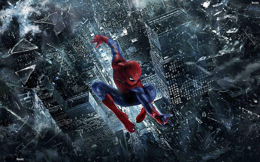 Spider-Man Leaping Through Shattered Glass Over a Dark Cityscape HD wallpaper