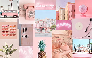 Pastel Pink Aesthetic Collage with Vintage Van, Pineapple, and Retro Objects HD wallpaper