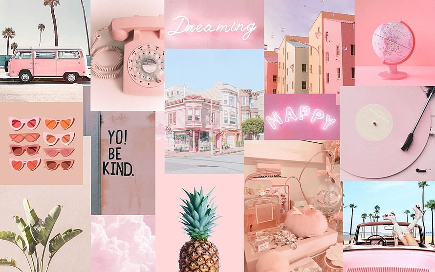 Pastel Pink Aesthetic Collage with Vintage Van, Pineapple, and Retro Objects HD wallpaper
