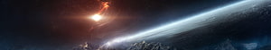 Dramatic Planet Horizon with Bright Star and Mountainous Terrain in Deep Space HD wallpaper