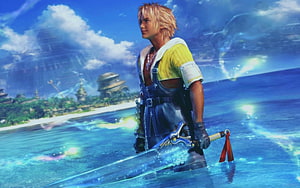 Tidus from Final Fantasy X standing in shallow water holding a glowing sword on a tropical beach HD wallpaper
