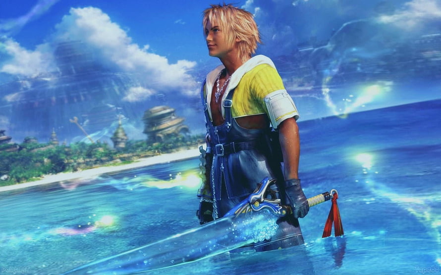 Tidus from Final Fantasy X standing in shallow water holding a glowing sword on a tropical beach HD wallpaper