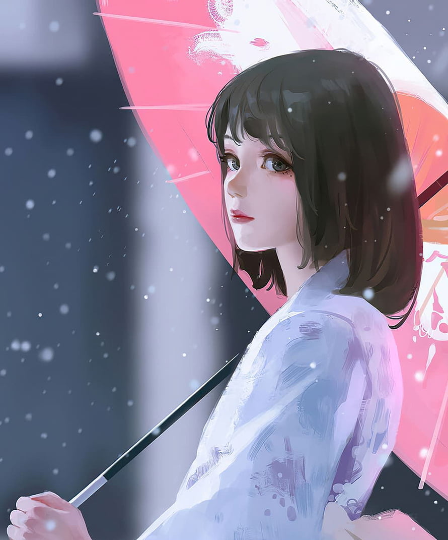 Anime Girl Holding Pink Umbrella in Snowfall HD phone wallpaper