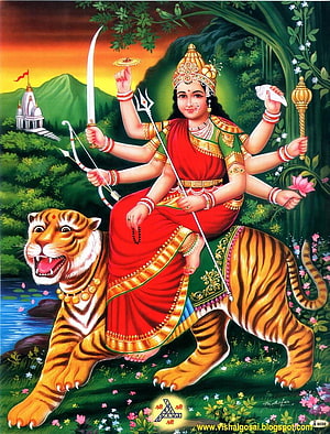 Maa Amba Durga Riding Tiger with Trident and Sword in Vibrant Indian Art HD phone wallpaper