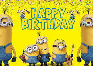 Minions Happy Birthday Party Background with Confetti and Guitars HD wallpaper
