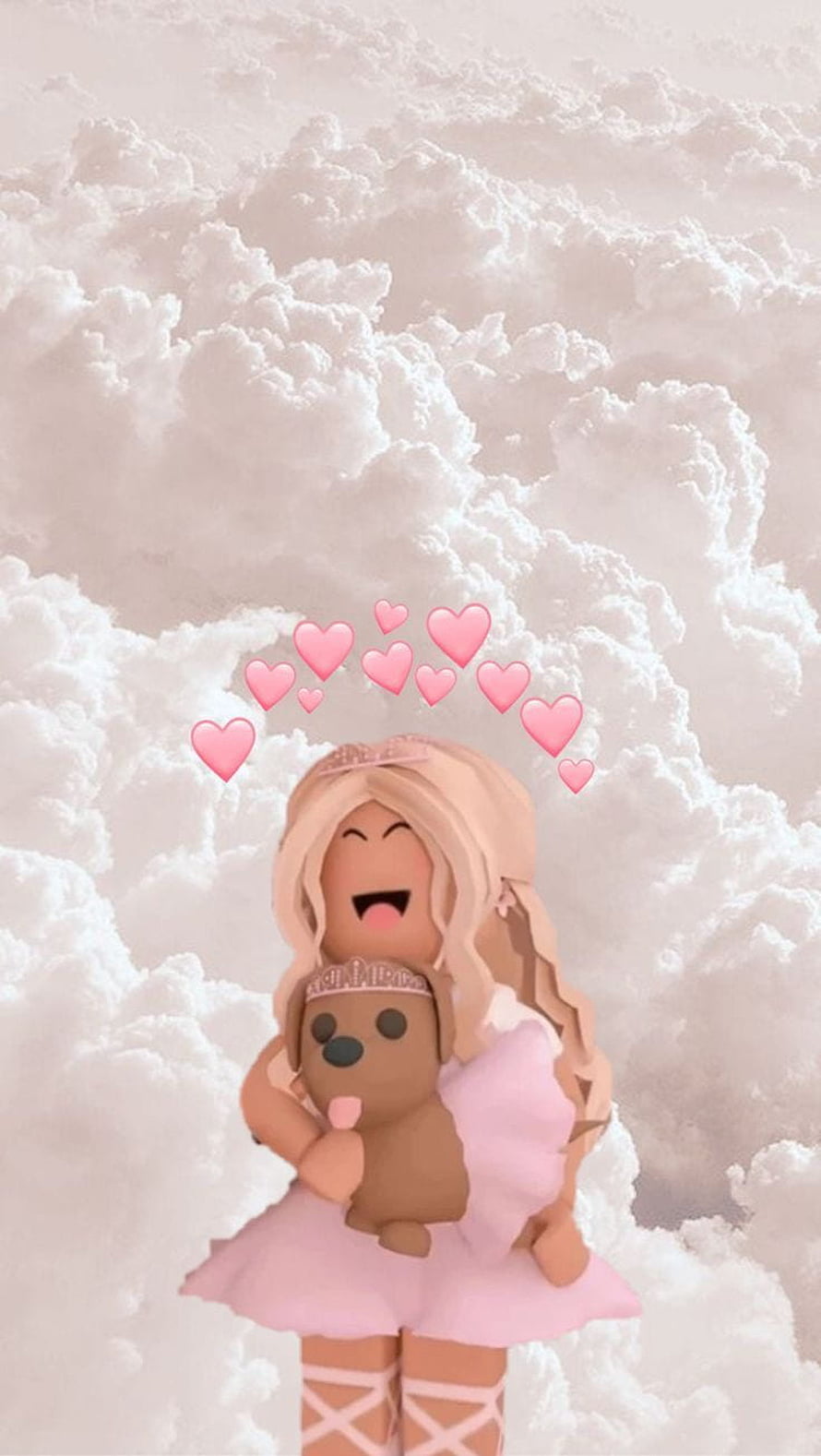 Roblox Girl Avatar in Pink Dress Holding Teddy Bear with Floating Hearts in Cloudy Sky HD phone wallpaper