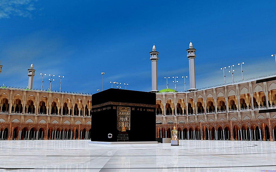 The Holy Kaaba in Mecca with Minarets and Arched Courtyard Under a Clear Blue Sky HD wallpaper