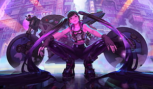 Cyberpunk Girl Crouching Before Futuristic Motorcycle in Neon City HD wallpaper