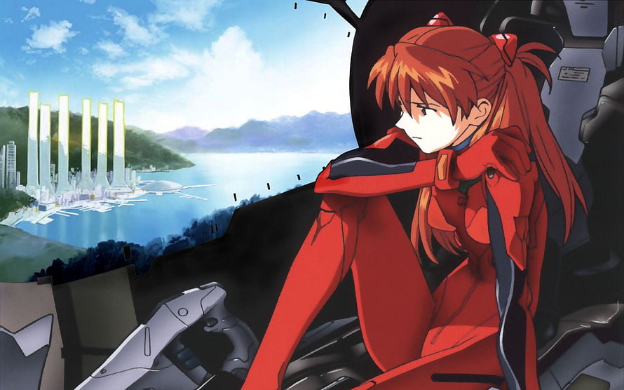 Asuka Langley Soryu in Red Plugsuit Inside Cockpit with Coastal City View HD wallpaper