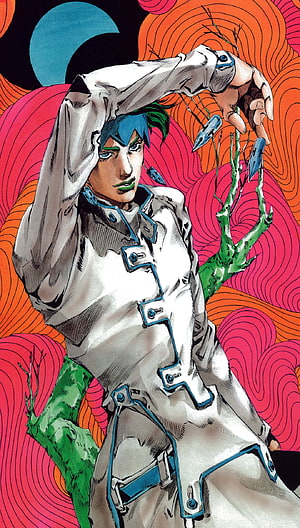Rohan Kishibe from JoJo's Bizarre Adventure in a white coat with green plant tendrils against a vibrant abstract background HD phone wallpaper