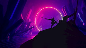 Neon Purple Fantasy Warrior Silhouette with Glowing Ring and Crystal Caverns HD wallpaper