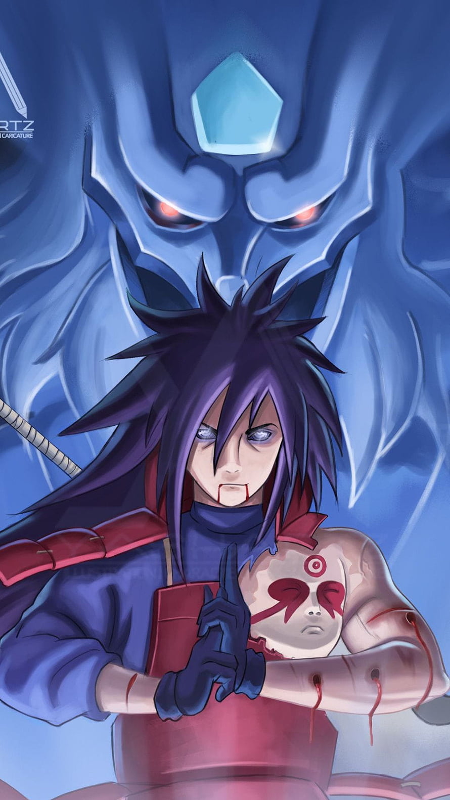 Madara Uchiha with Rinnegan and Tenseigan in Akatsuki Robe Anime Illustration HD phone wallpaper