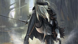 NieR: Automata 2B in the Rain with Katana HD wallpaper