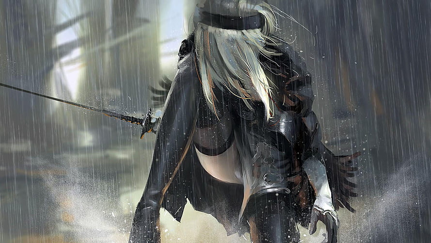 NieR: Automata 2B in the Rain with Katana HD wallpaper