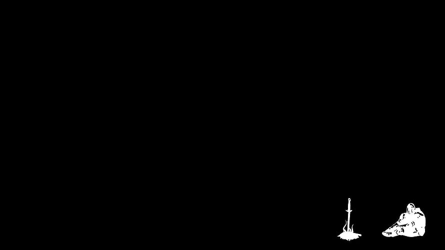 Minimalist Dark Souls Scene Featuring Sword and Rock on Black Background HD wallpaper