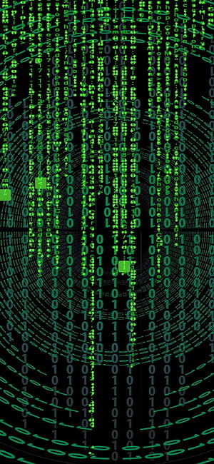 Matrix Digital Rain Binary Code Tunnel with Glowing Green Characters on Black Background HD phone wallpaper