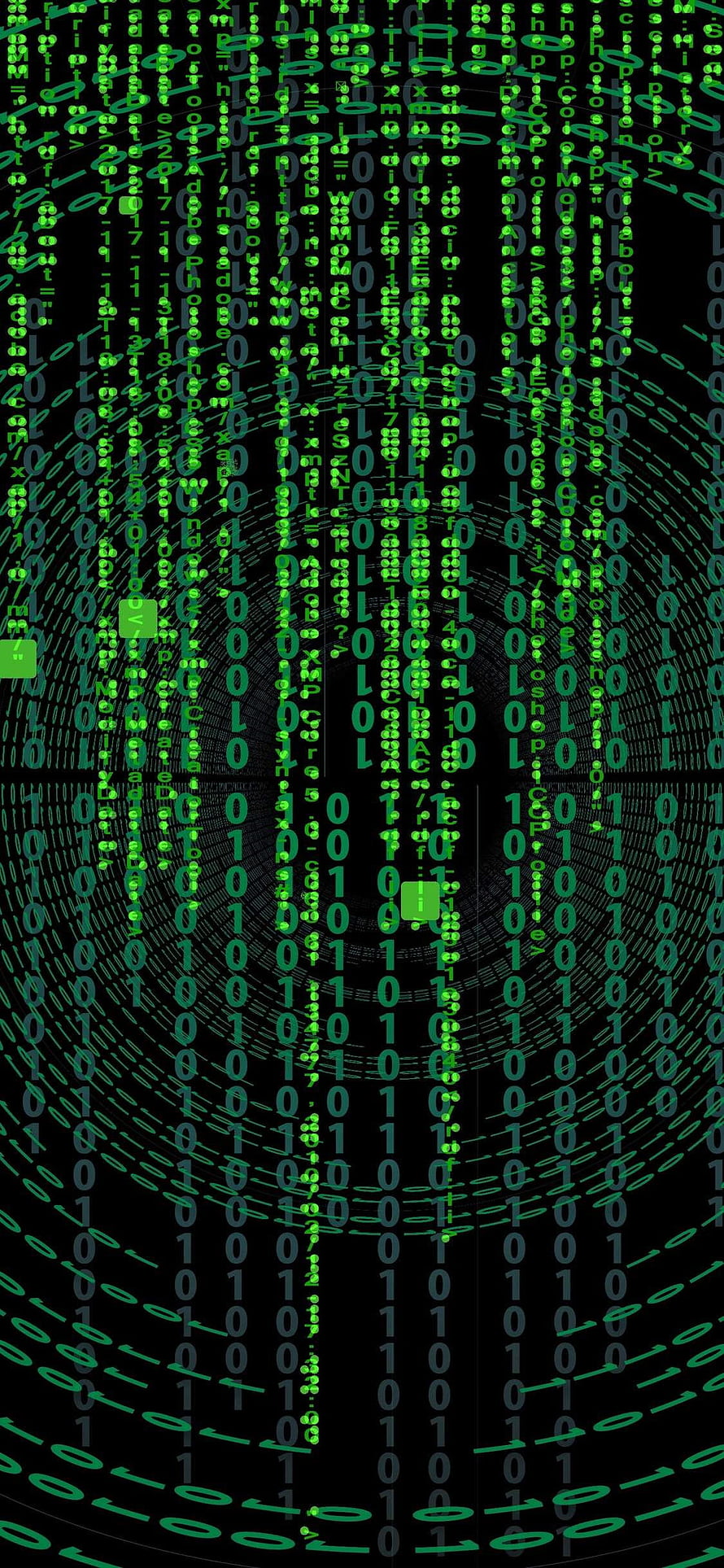 Matrix Digital Rain Binary Code Tunnel with Glowing Green Characters on Black Background HD phone wallpaper