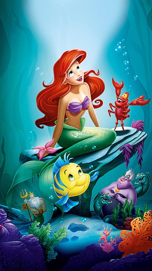 Ariel and Friends in a Vibrant Underwater Scene from The Little Mermaid HD phone wallpaper