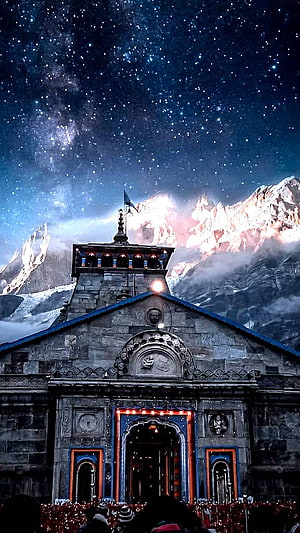 Kedarnath Temple at Night Under the Milky Way and Snow-Capped Himalayan Peaks HD phone wallpaper