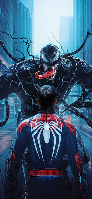 Spider-Man and Venom Confrontation in a Rainy City Street HD phone wallpaper