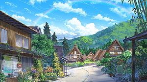 Anime Village Scene With Thatched Roofs, Lush Greenery, and a Rainbow Sky HD wallpaper
