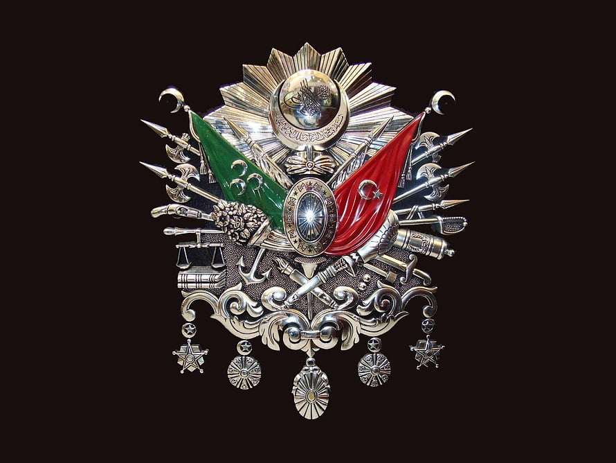 Ottoman Empire Imperial Emblem with Crossed Flags and Military Symbols HD wallpaper