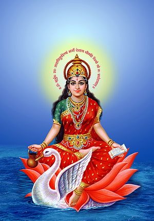 Gayatri Maa Seated on Lotus and Swan with Sacred Text and Pot HD phone wallpaper