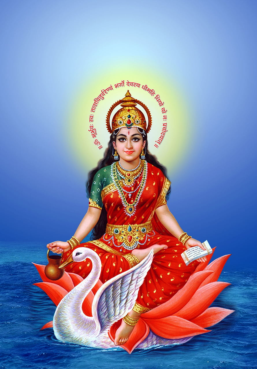 Gayatri Maa Seated on Lotus and Swan with Sacred Text and Pot HD phone wallpaper