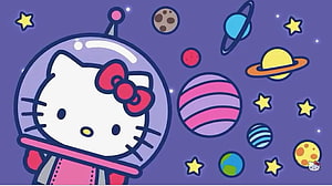 Hello Kitty in a Space Suit Floating Among Colorful Planets and Stars HD wallpaper