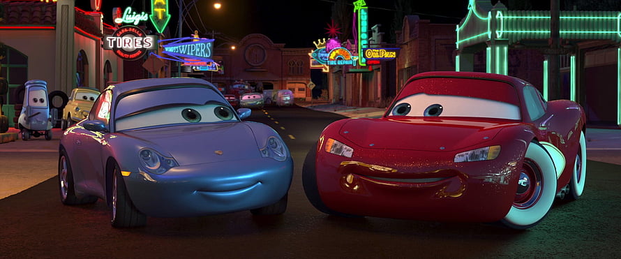 Sally Carrera and Lightning McQueen in Radiator Springs Night Scene from Cars HD wallpaper