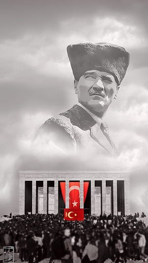 Atatürk Memorial Monument with Turkish Flag and Crowd in Dramatic Black and White HD phone wallpaper
