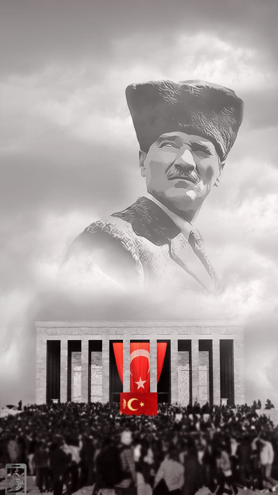Atatürk Memorial Monument with Turkish Flag and Crowd in Dramatic Black and White HD phone wallpaper