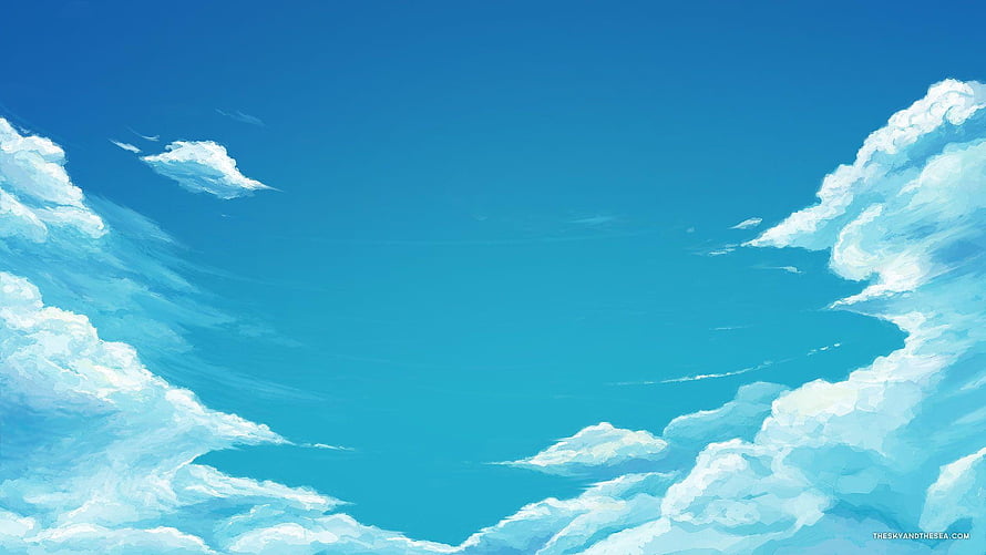 Anime Style Blue Sky With Fluffy White Clouds And Bright Cyan Atmosphere HD wallpaper