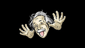 Albert Einstein Cartoon Illustration with Playful Expression and Raised Hands on Black Background HD wallpaper
