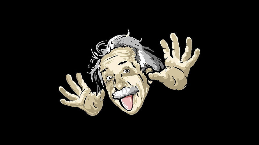 Albert Einstein Cartoon Illustration with Playful Expression and Raised Hands on Black Background HD wallpaper