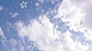 Pastel Blue Sky With Hand-Drawn Stars And Fluffy Clouds Aesthetic Wallpaper HD wallpaper