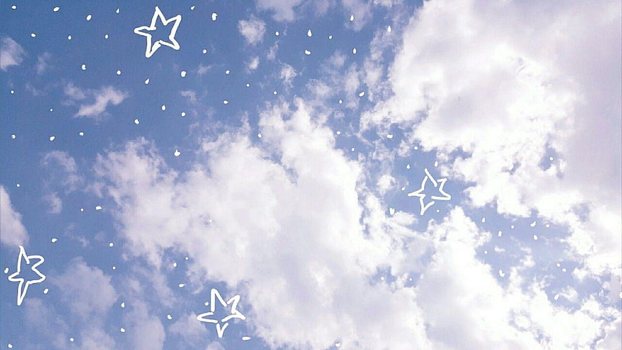 Pastel Blue Sky With Hand-Drawn Stars And Fluffy Clouds Aesthetic Wallpaper HD wallpaper