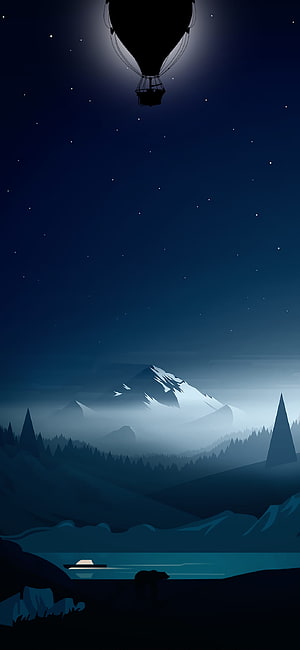 Silhouette of a hot air balloon drifting over a misty mountain lake at night with a bear on the shore HD phone wallpaper