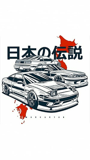Japanese Legends JDM Classic Car Illustration with Red Ink Splatter HD phone wallpaper