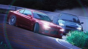 Nissan Silvia S15 and Skyline GT-R drifting on a mountain road at night HD wallpaper