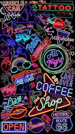 Retro 80s Neon Sign Collection with Route 66, Coffee Shop, and Vintage Typography HD phone wallpaper