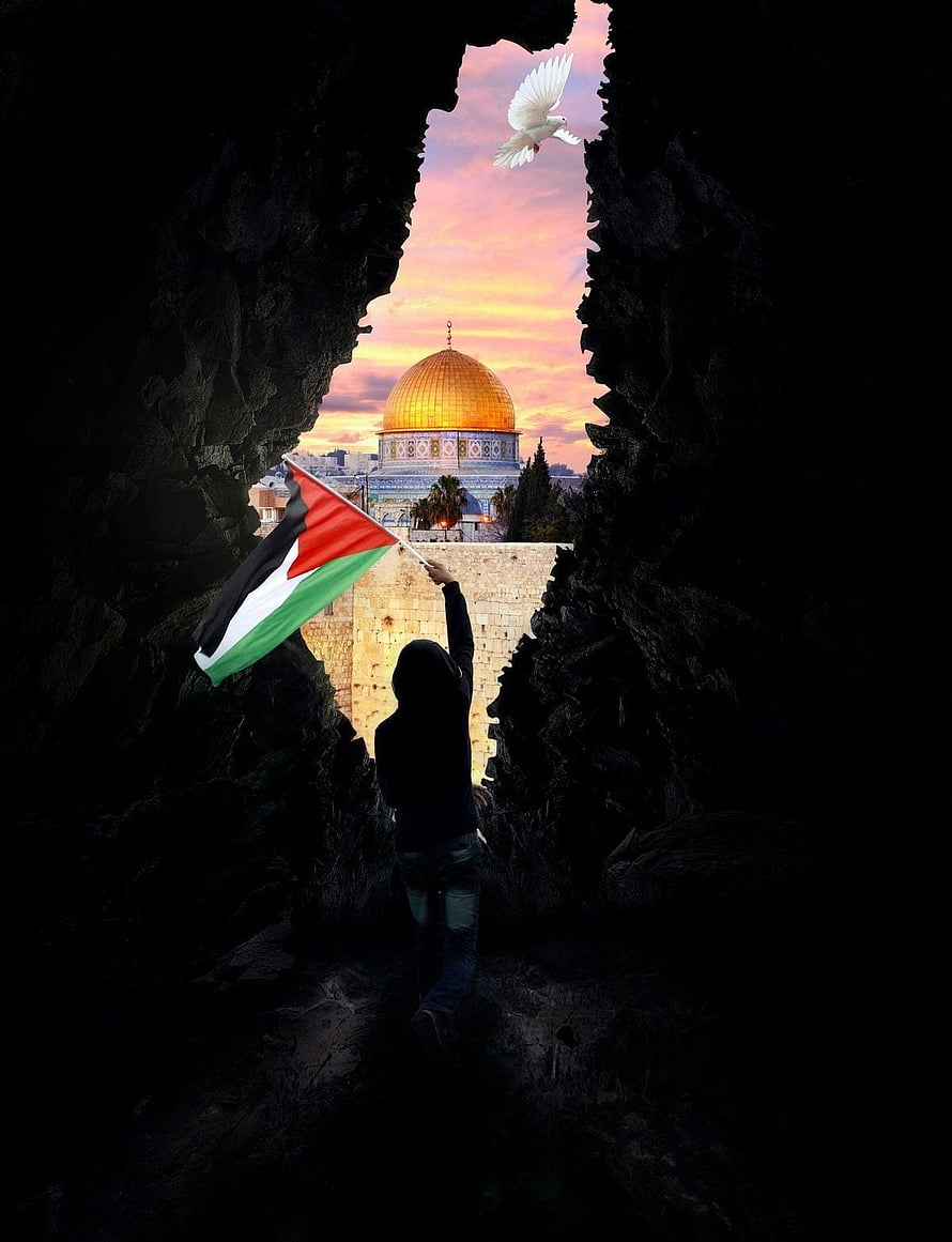 Al Quds: Silhouette Holding Palestinian Flag Before Dome of the Rock at Sunset HD phone wallpaper