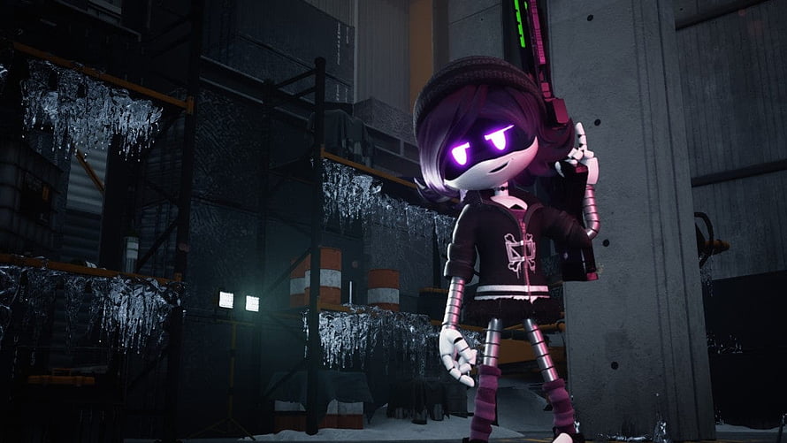 Murder Drones Character in Dark Industrial Warehouse Setting HD wallpaper