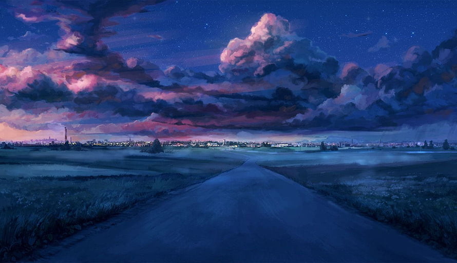 Anime Night Scenery: A Lone Road Stretching Toward a Distant City Under a Starry Sky HD wallpaper