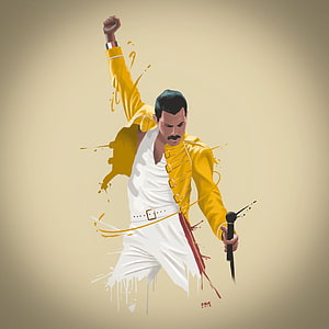 Freddie Mercury in Iconic Yellow Jacket and White Outfit Holding Microphone HD phone wallpaper