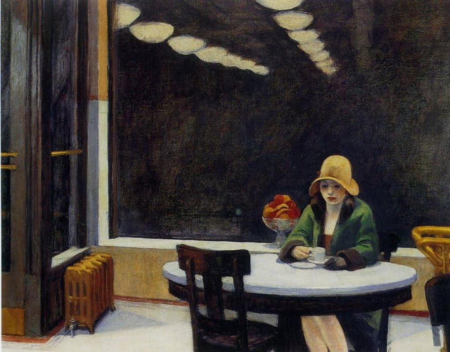Edward Hopper Nighthawks Oil Painting of a Woman in a Green Coat and Yellow Hat at a Cafe Table HD wallpaper