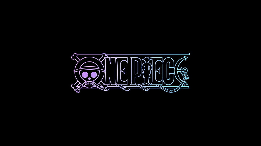 One Piece Neon Logo with Skull and Crossed Swords on Black Background HD wallpaper