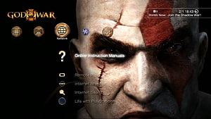 God of War III Kratos Close-Up Face with Red War Paint and Scars on Dark Background HD wallpaper
