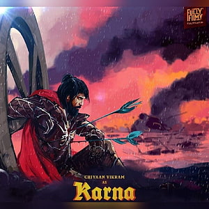 Karna Character Artwork by Chiyaan Vikram in Dramatic Rainy Battle Scene HD phone wallpaper