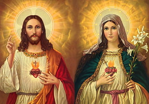 Sacred Heart of Jesus and Virgin Mary Religious Painting with Halos and Lilies HD wallpaper